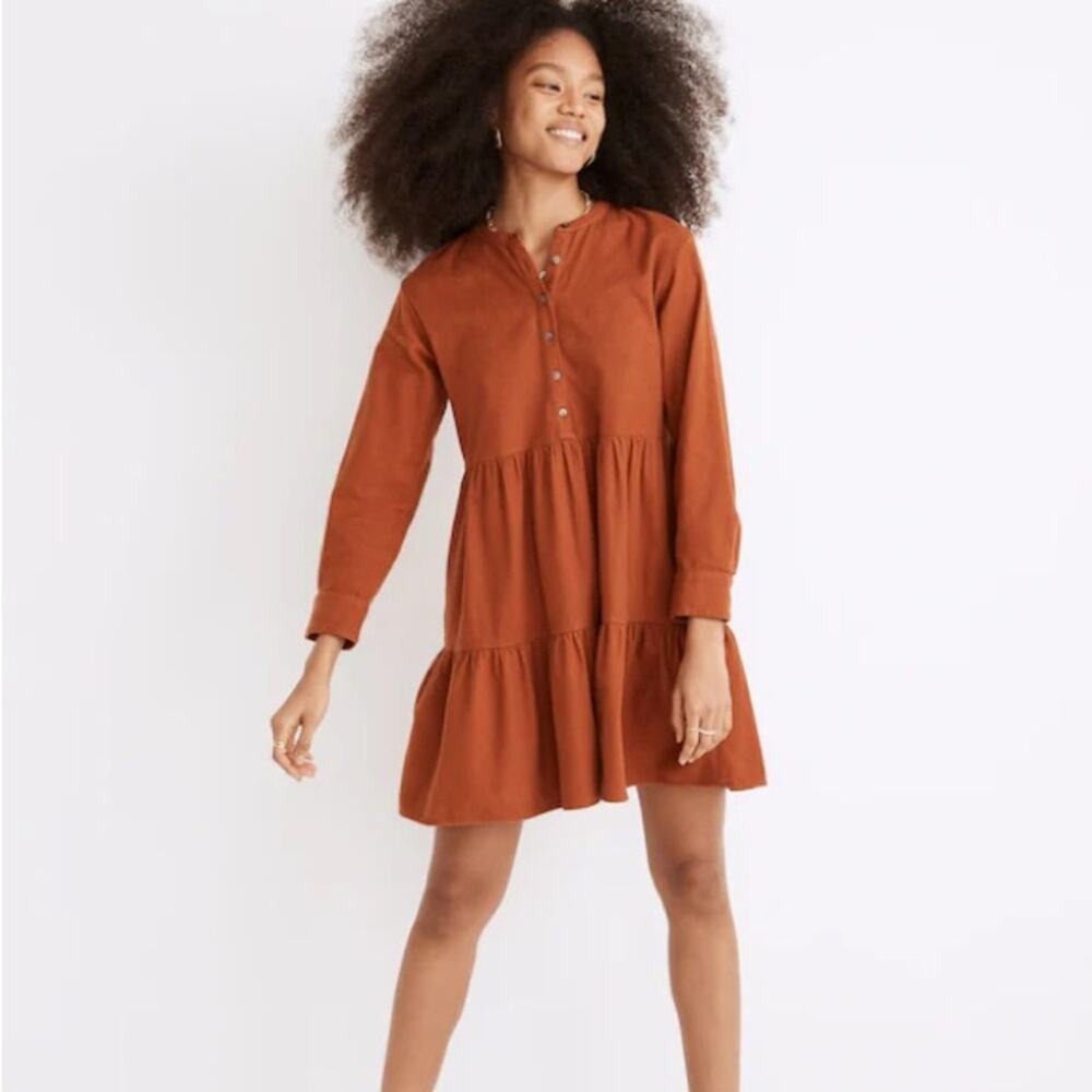 Madewell Flannel Button-Placket Tiered Mini Dress Warm Nutmeg Orange Size 3X